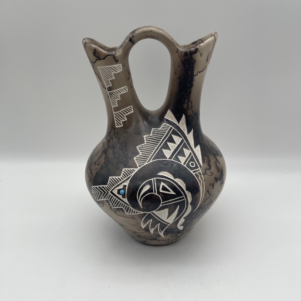 Corrine Louis Acoma Pueblo Horsehair Pottery Wedding Vase Kokopelli Turquoise